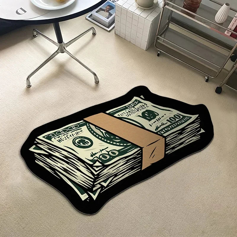 VIKAMA Irregular Money Stack Shaped Area Rug Vintage Dollar Bill Print Non Slip Floor Mat Funny Cartoon Cash Carpet Bedroom Rug