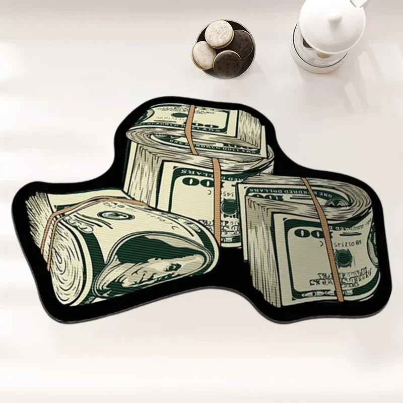 VIKAMA Irregular Money Stack Shaped Area Rug Vintage Dollar Bill Print Non Slip Floor Mat Funny Cartoon Cash Carpet Bedroom Rug