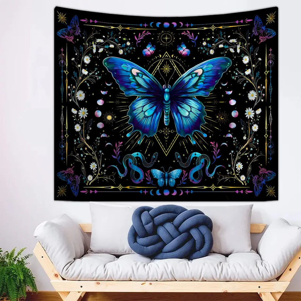 1pc Blue butterfly tapestry, Bohemian floral tapestry, plant tapestry, moon phase starry sky tapestry, beautiful tapestry