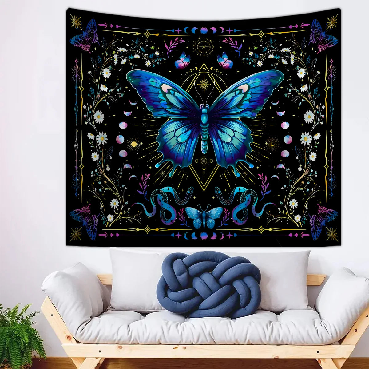 1pc Blue butterfly tapestry, Bohemian floral tapestry, plant tapestry, moon phase starry sky tapestry, beautiful tapestry