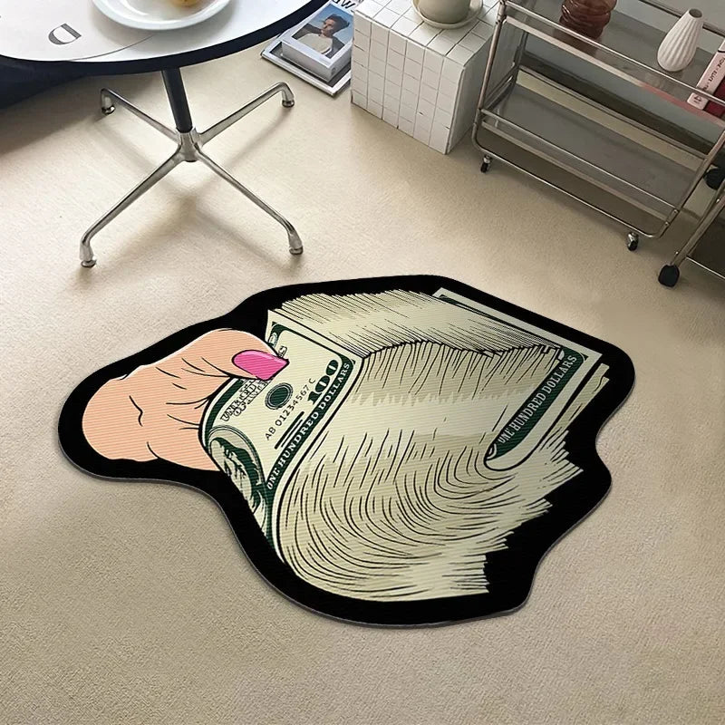 VIKAMA Irregular Money Stack Shaped Area Rug Vintage Dollar Bill Print Non Slip Floor Mat Funny Cartoon Cash Carpet Bedroom Rug