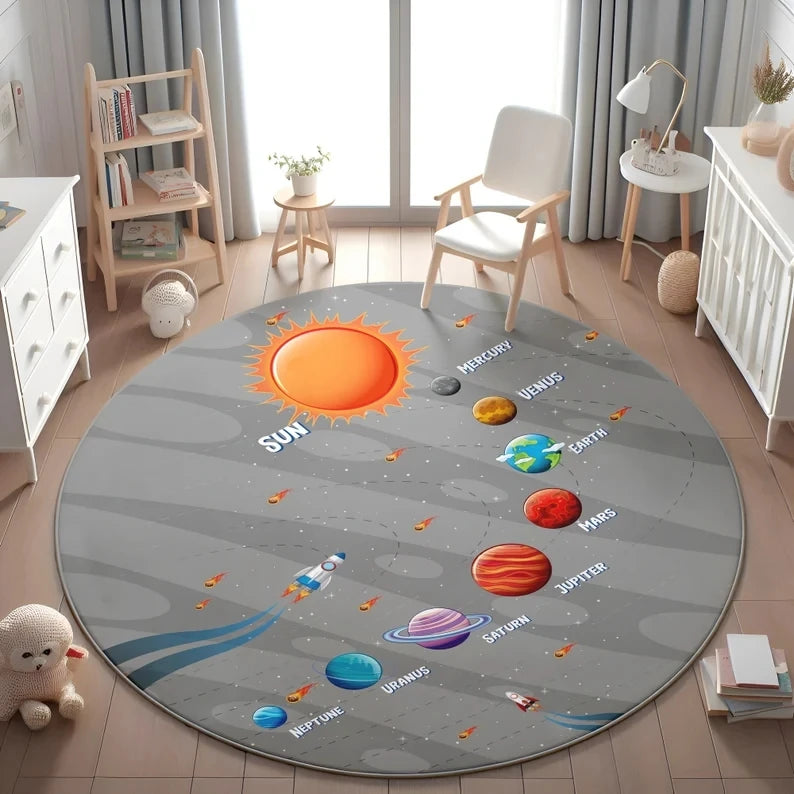 Planets Astronauts Playmat Round Rug  Living Room Decor Sofa Rug Kid's Play Mat Boys Bedroom Bedside Rug Play Reading Area Rug