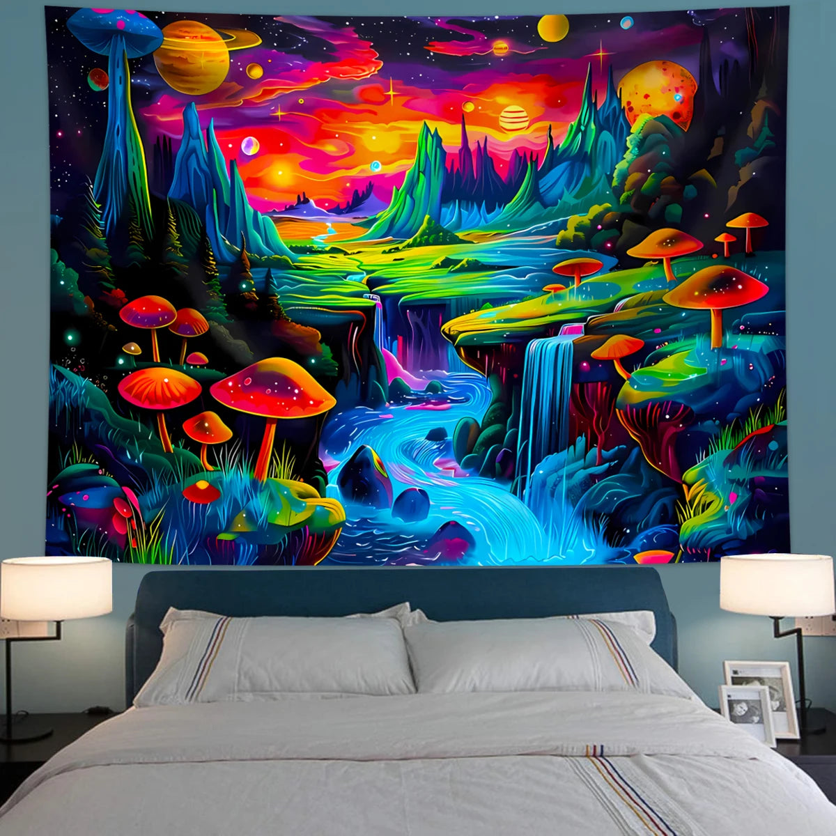 1pc Mushroom fluorescent tapestry, UV responsive landscape tapestry, space planet landscape tapestry, bedroom decoration