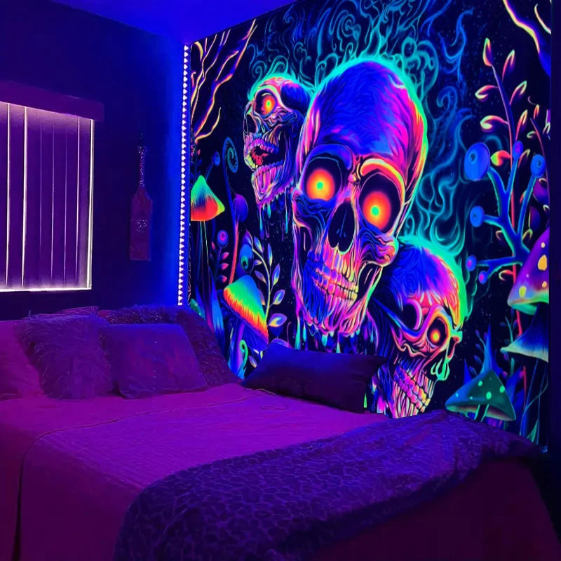 1pc Skeleton flower fluorescent tapestry, UV tapestry, plant mushroom tapestry, bedroom aesthetic decoration wall hanging