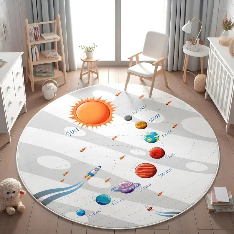 Planets Astronauts Playmat Round Rug  Living Room Decor Sofa Rug Kid's Play Mat Boys Bedroom Bedside Rug Play Reading Area Rug