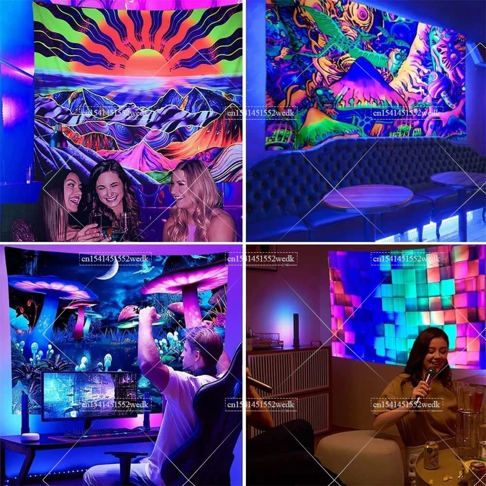 Trippy Weed Blacklight Tapestry UV Reactive Alien Marijuana Leaf Tapestry Neon Skull Smoke Tapestry Aesthetic Tapestry For Room