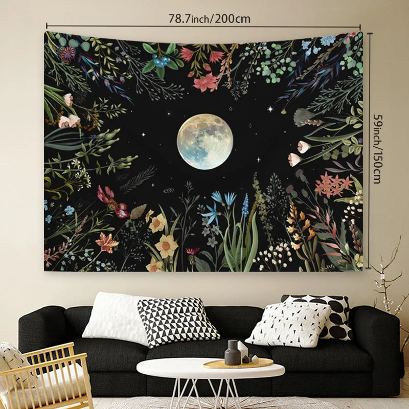1pc Moonlight garden tapestry, moon flower tapestry, colorful plant tapestry