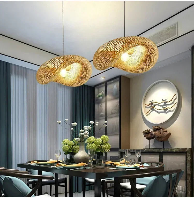 Bamboo Hand Weaving Pendant Lights 40/60/80cm Hanging LED Ceiling Lamp Chandelier Fixture Rattan Hand Craft Woven Bedroom Decor