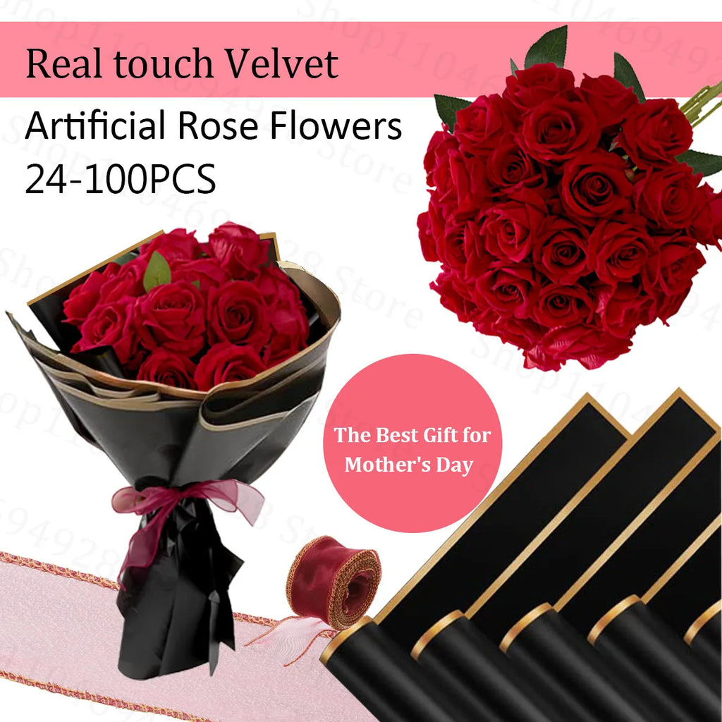 24-80Pcs Artificial Roses Flowers 3.9''Big Velvet Rose Artificial Flowers with Long Stems for Wedding Mothers Day Decor