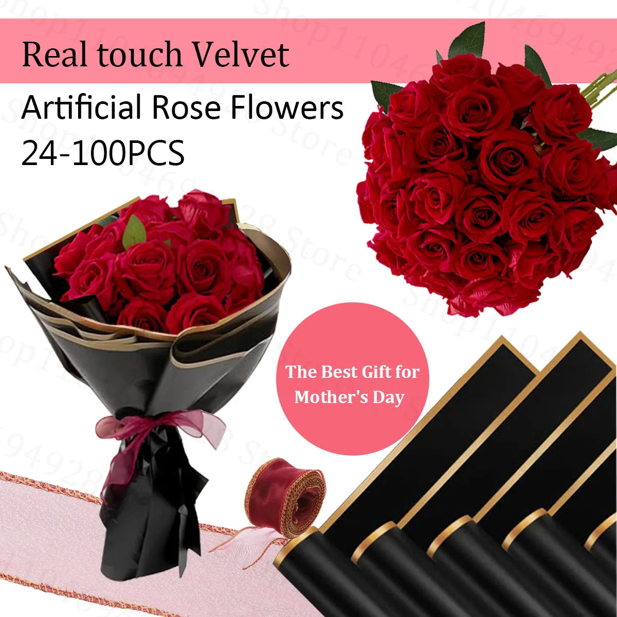 24-80Pcs Artificial Roses Flowers 3.9''Big Velvet Rose Artificial Flowers with Long Stems for Wedding Mothers Day Decor