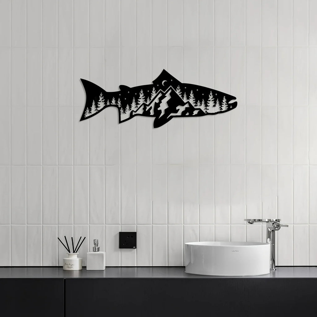 CIFbuy Unique Mountain Forest Metal Wall Art Fish Shape Wall Decor for Home Wall Decor Wall Art Decor Sticker Mural Room Decor