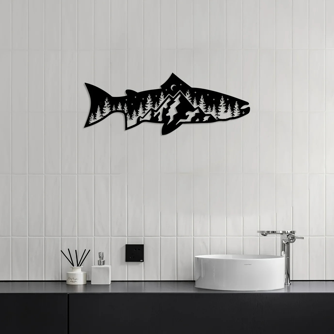 CIFbuy Unique Mountain Forest Metal Wall Art Fish Shape Wall Decor for Home Wall Decor Wall Art Decor Sticker Mural Room Decor